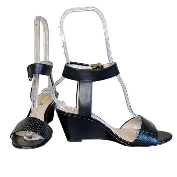 LOUISE ET CIE‎ Phiona low Wedge Sandals Ankle Strap Black Leather Size 8 - Picture 1 of 11